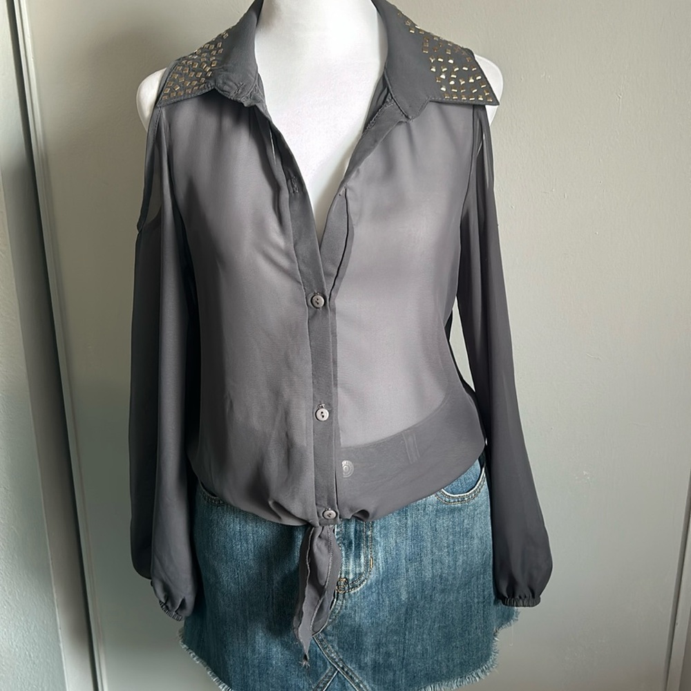 Penelope Project Sheer Cold Shoulder Studded Collar Tie Front Button Up Blouse